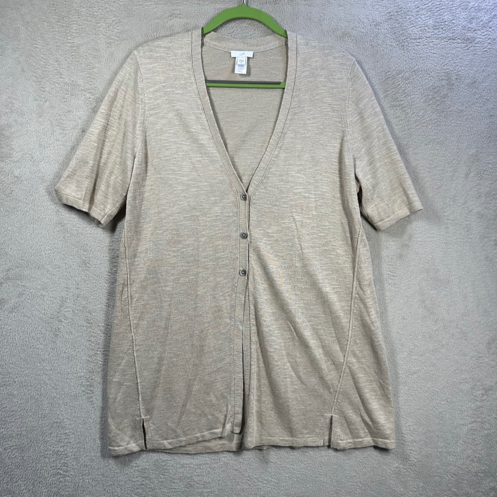 J. Jill Cardigan Sweater Women M Beige Linen Blend Short Sleeve V-Neck Knit Top